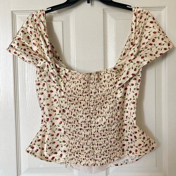 Reformation Lux Silk Top in Madison White Floral Off Shoulder - Picture 3 of 6